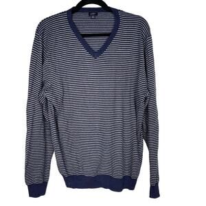 J Crew Mens Medium Navy Blue Gray Striped Cashmere Cotton VNeck Sweater Pullover